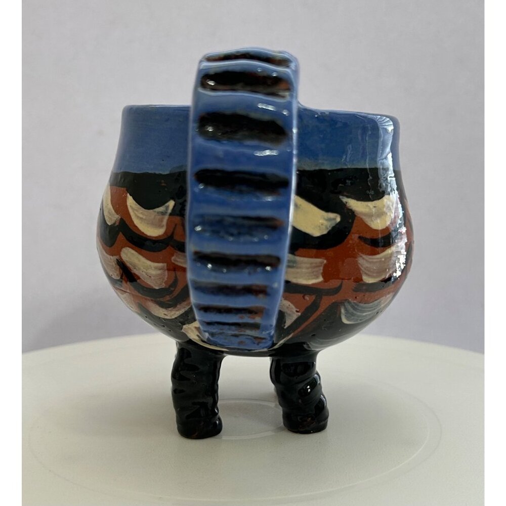Handmade Pottery Cat Mug Sculpted Legs & Handle Blue Brown Black Whimsical Fun - Picture 3 of 9